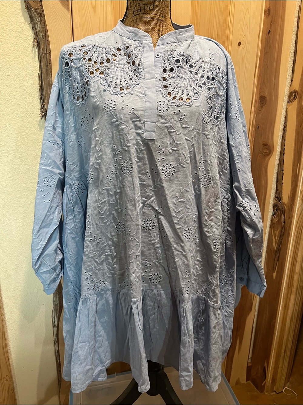 POL Light Blue Eyelet Cotton Tunic with Scalloped Cutwork